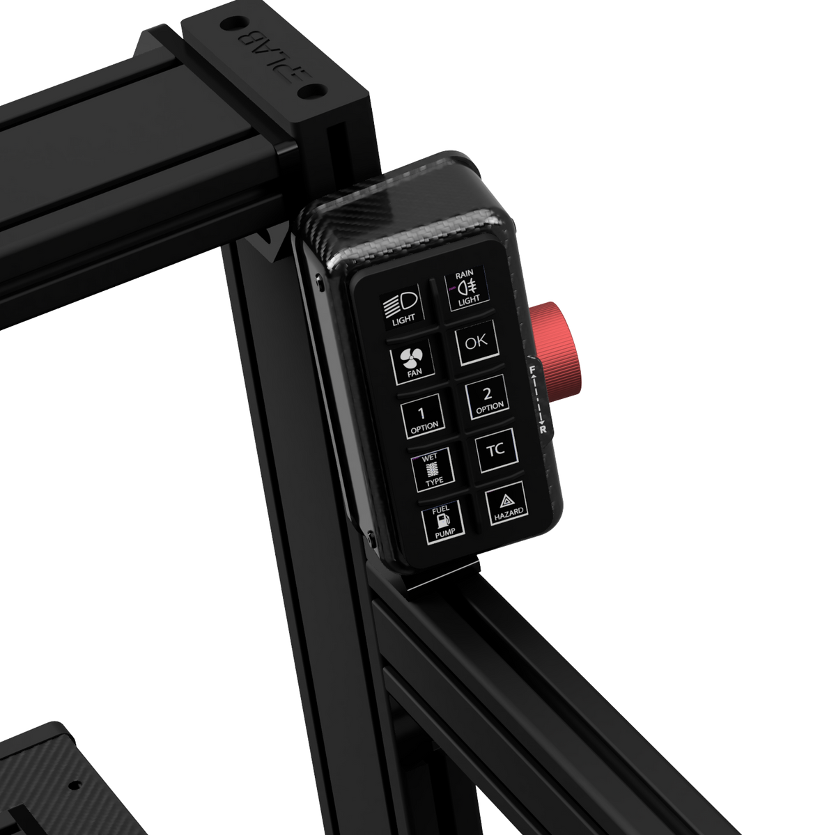EPLAB BB2.1 CUP installed at an angle on a sim rig with labelled buttons