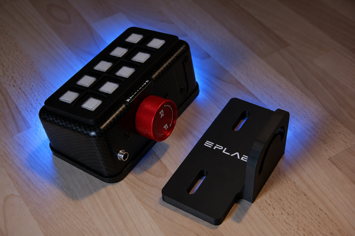 EPLAB BB2.1 CUP button box beside its mounting bracket on a workbench