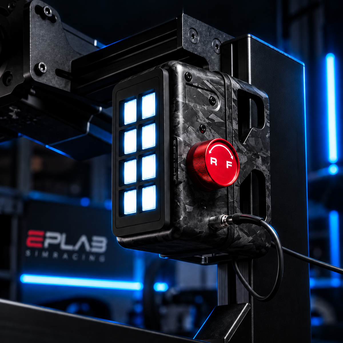 EPLAB BB2.2 CUP with illuminated buttons mounted on an aluminium profile sim racing rig