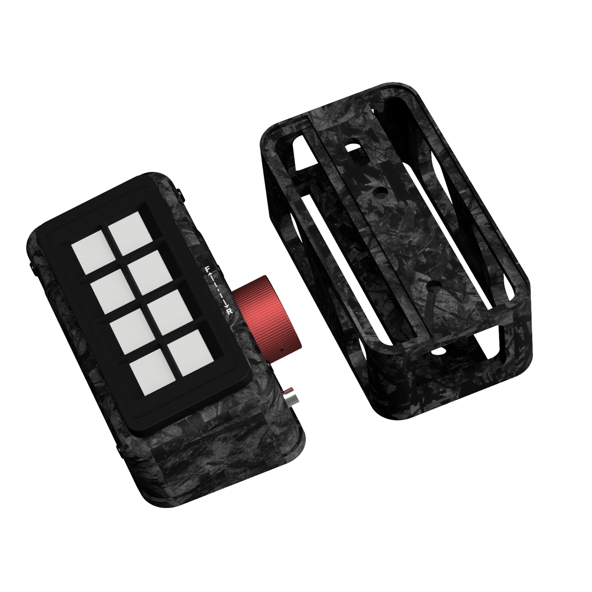 EPLAB BB2.2 CUP button box beside its optional forged carbon-look mounting bracket