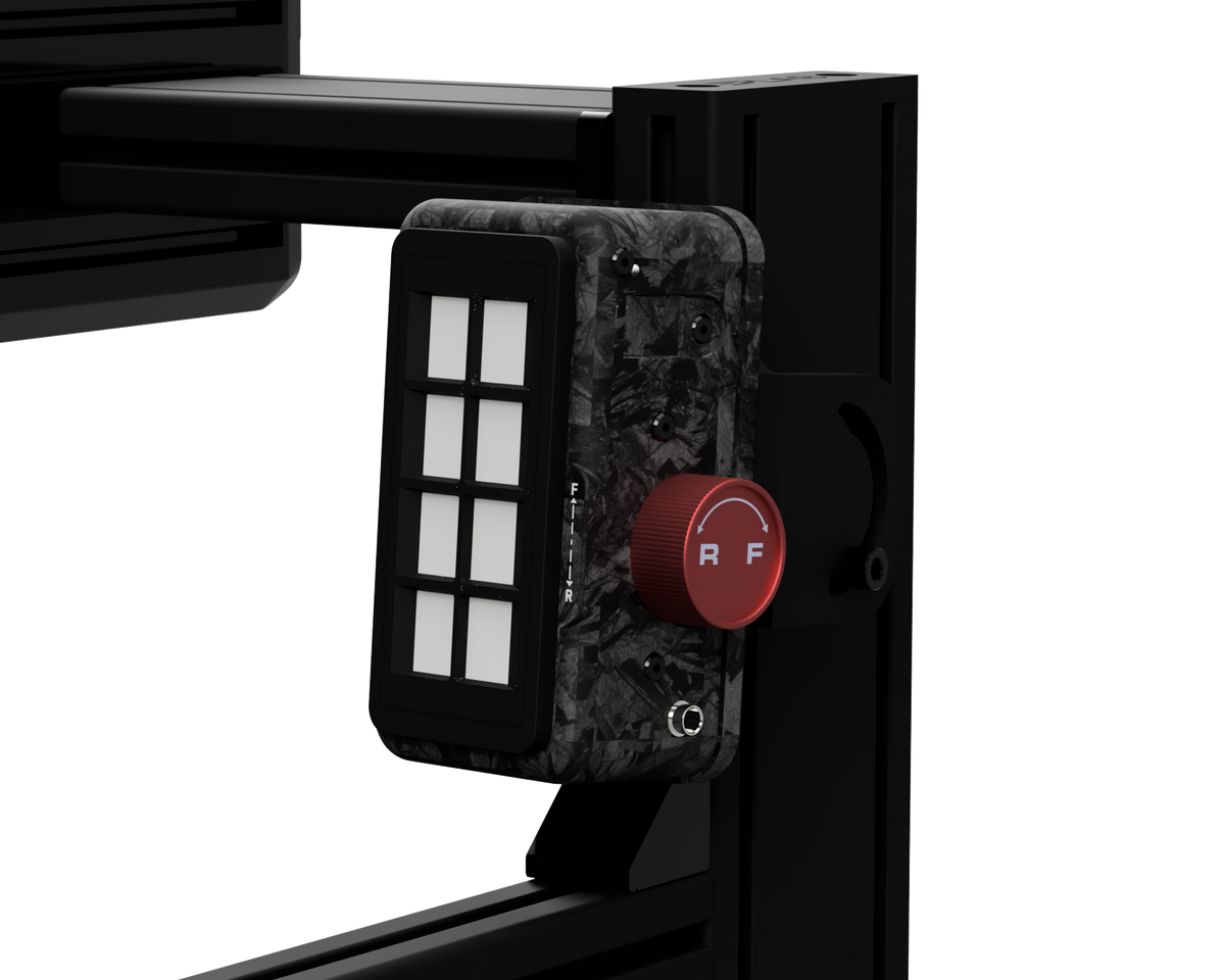 EPLAB BB2.2 CUP button box mounted beside an aluminium profile sim racing cockpit