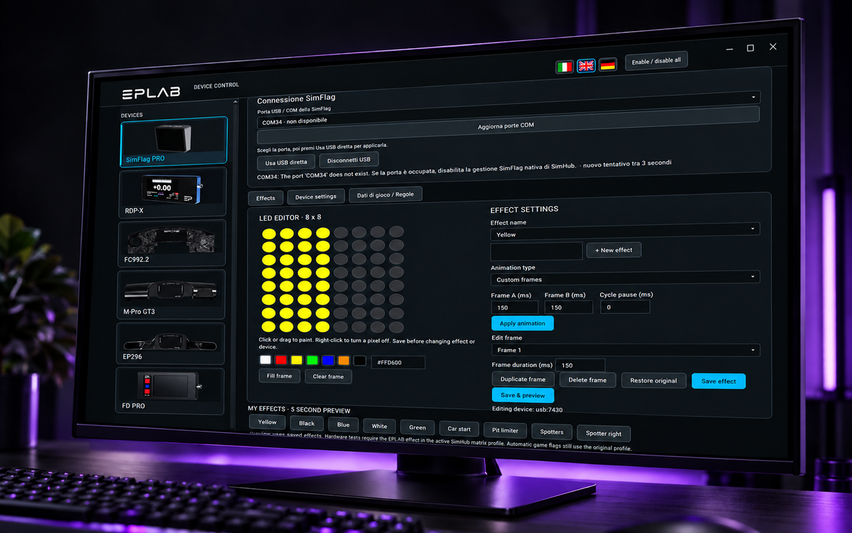 EPLAB Devices plugin LED editor displayed on a monitor with purple lighting