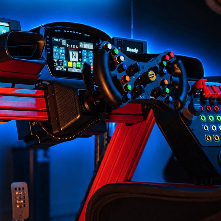 EPLAB EP296 dashboard installed behind a sim racing steering wheel