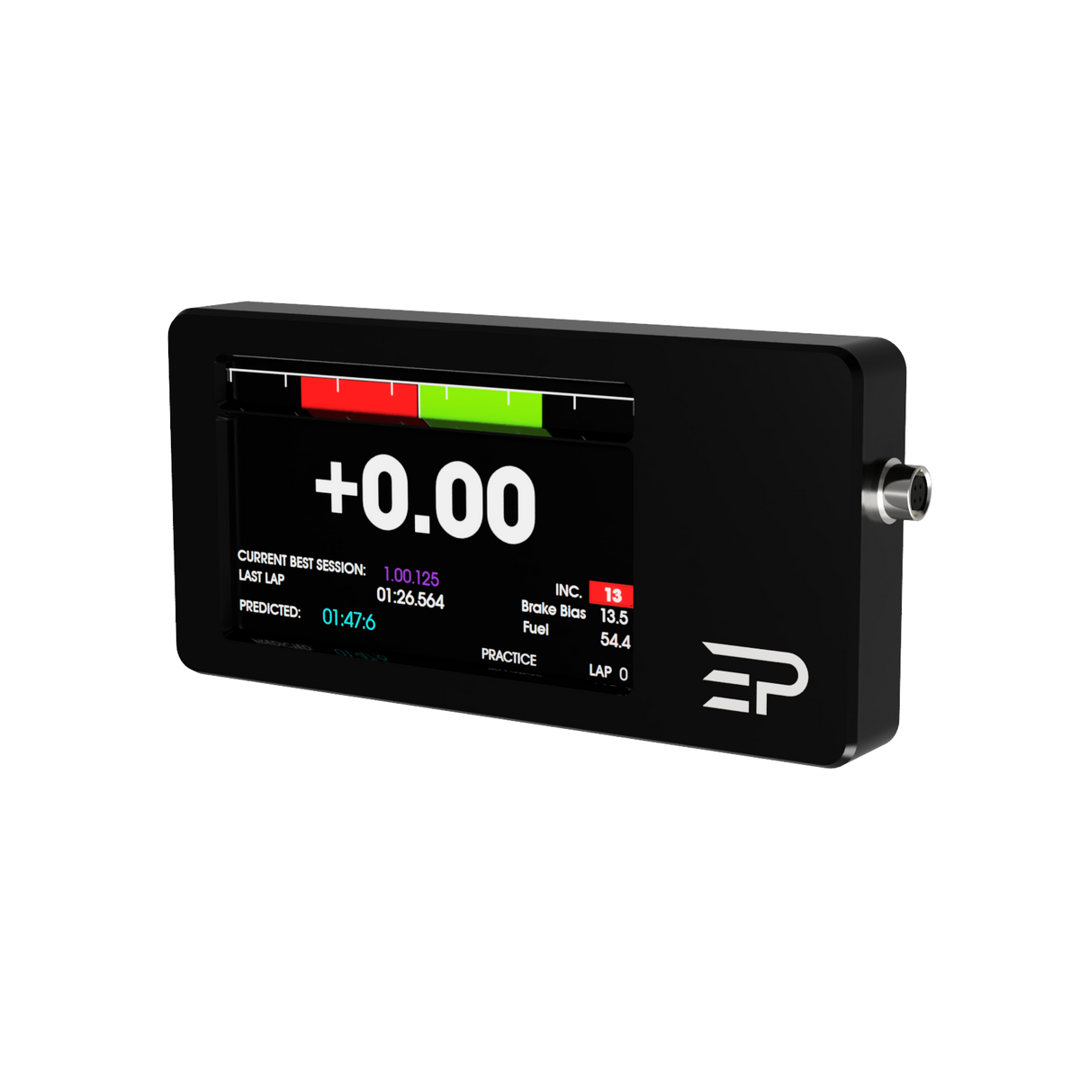 EPLAB RDP-X telemetry display in a black housing showing a delta time screen