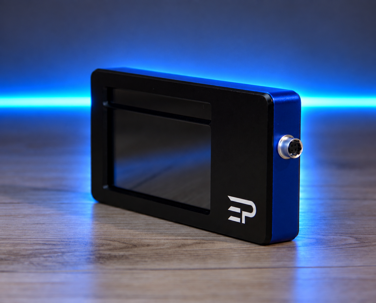 EPLAB RDP-X blue display housing photographed on a workbench