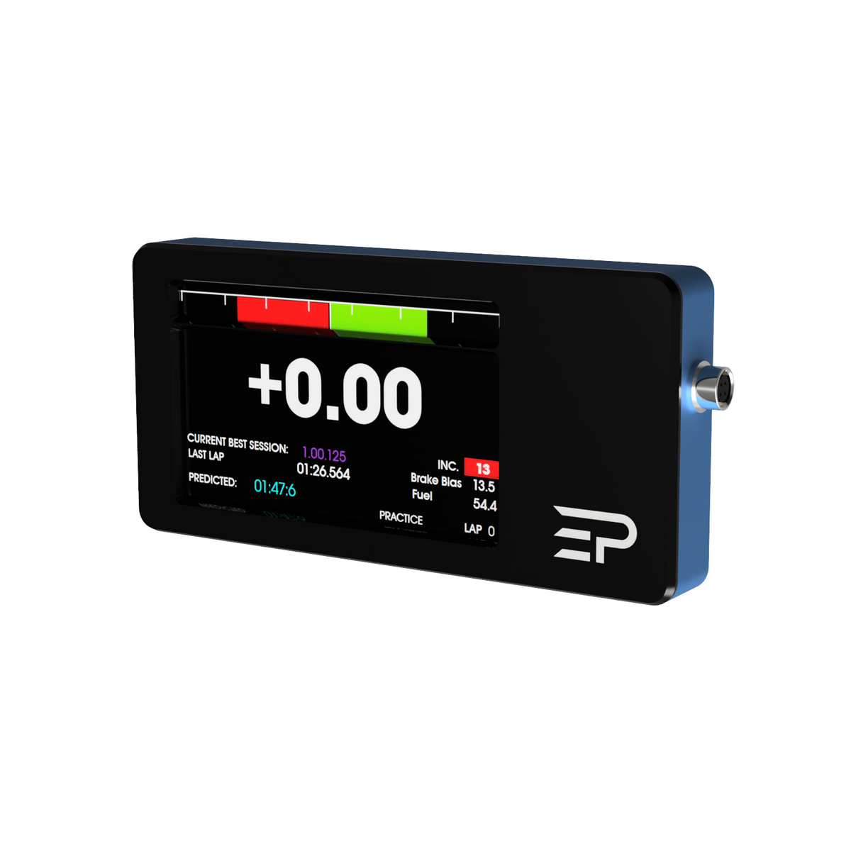 Angled view of the blue EPLAB RDP-X display showing a delta time dashboard