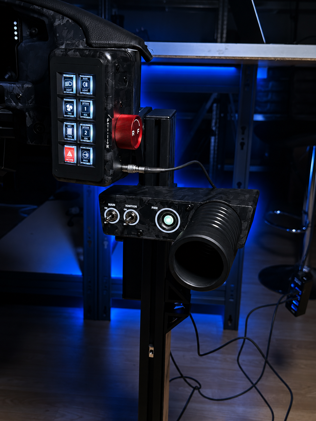 EPLAB S-BB992 side control panel installed beside a sim racing cockpit