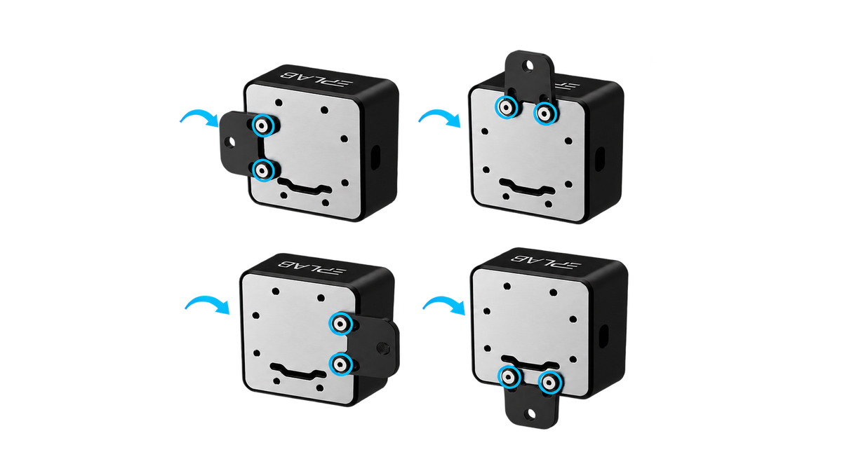 Four mounting positions of the EPLAB SimFlag PRO bracket using its side, top and bottom mounting holes