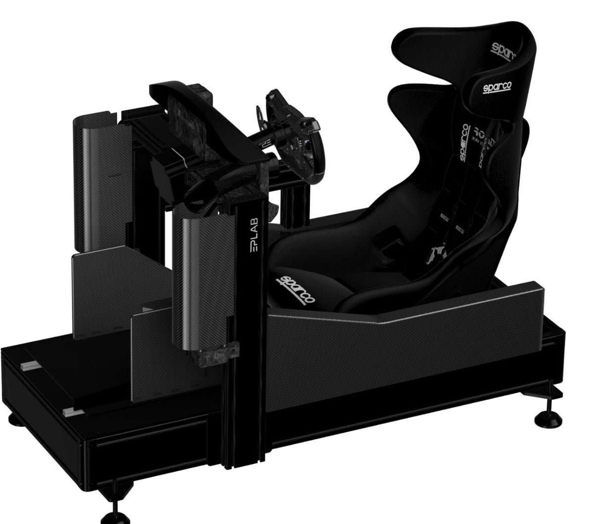 EPLAB Wind System Cover: Twill carbon-look covers installed on a sim racing rig